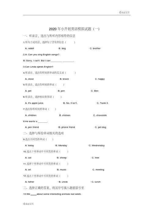 2020年小升初英语模拟试题12套-人教版