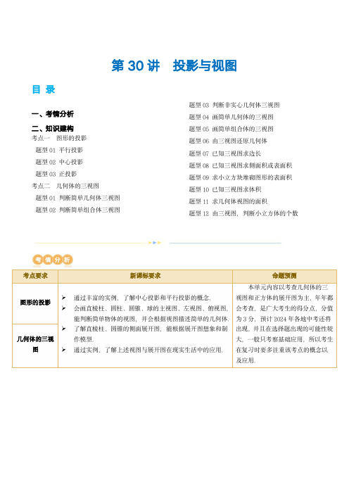 2024年中考数学复习(全国版)第30讲 投影与视图(讲义)(原卷版)