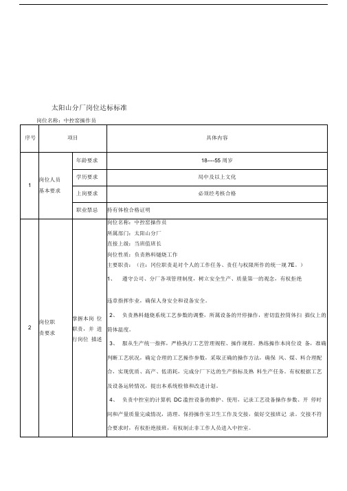 中控窑操作员岗位达标标准