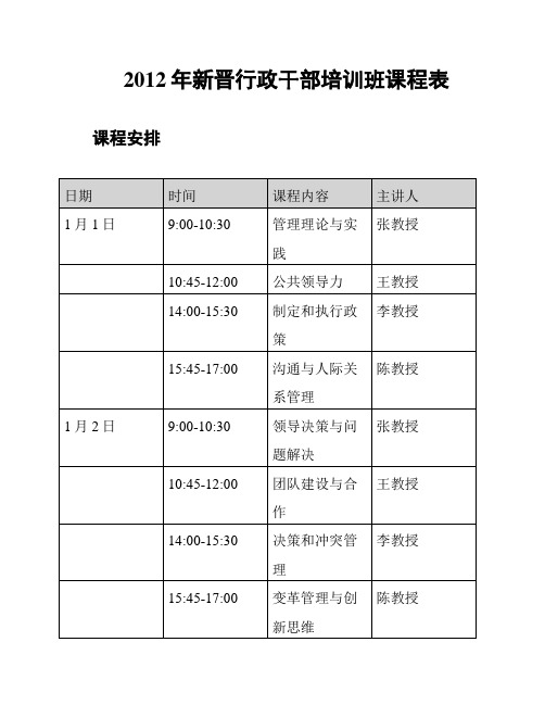 2012年新晋行政干部培训班课程表