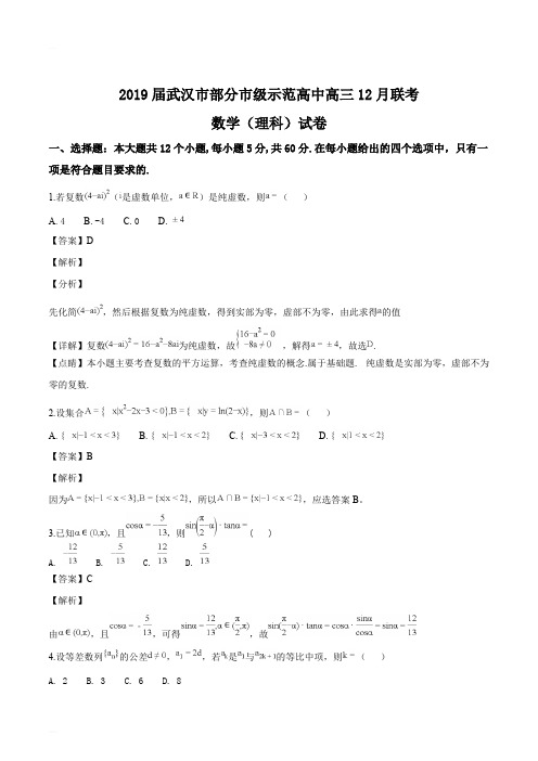 2019届湖北省武汉市部分市级示范高中高三12月联考数学(理科)(精编含解析)