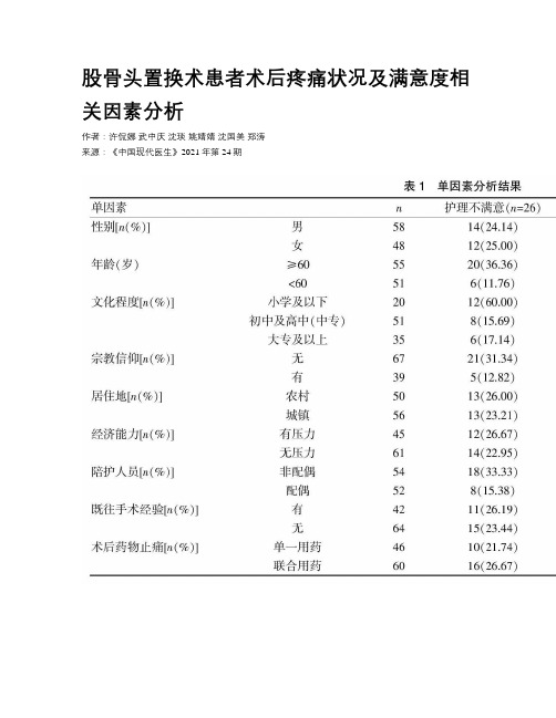 股骨头置换术患者术后疼痛状况及满意度相关因素分析