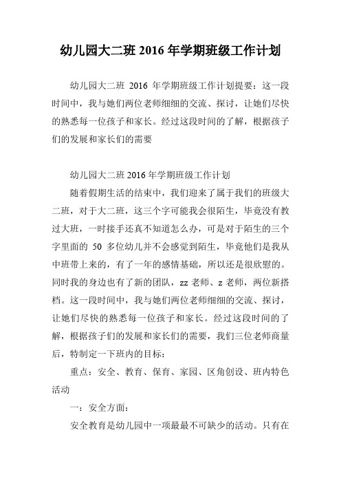 幼儿园大二班2016年学期班级工作计划