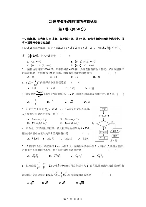 2010年数学(理科)高考模拟试卷  第I卷