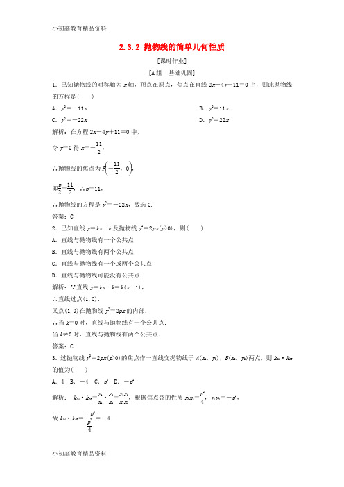 【拔高教育】2017-2018学年高中数学 第二章 圆锥曲线与方程 2.3 抛物线 2.3.2 抛物线的简单几何性质优化