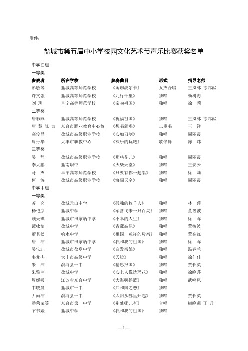 盐城市第五届中小学校园文化艺术节声乐比赛获奖名单