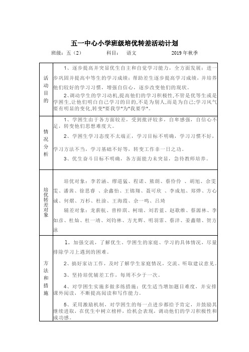 2019秋五2培优转差计划