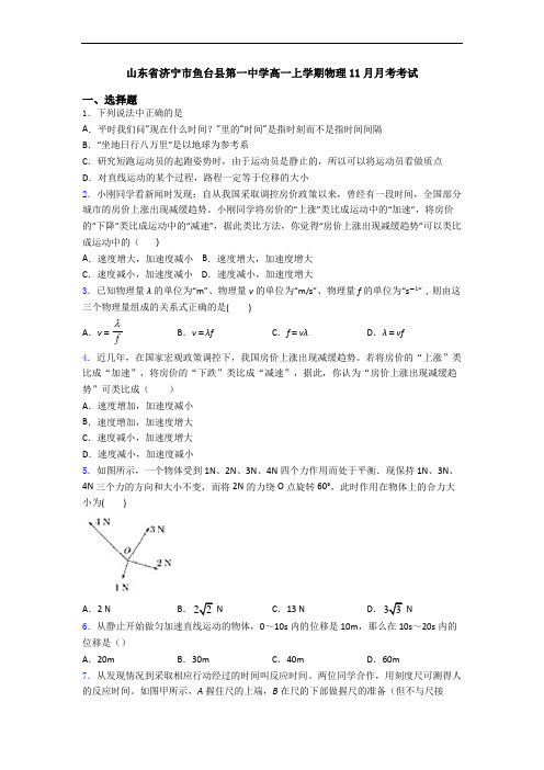 山东省济宁市鱼台县第一中学高一上学期物理11月月考考试