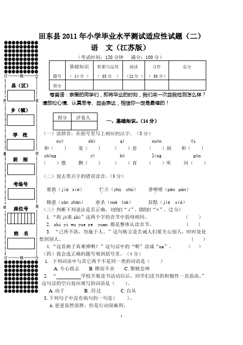 田东县2011年小学毕业班适应性检测试题(二)