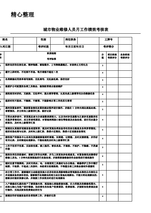 维修人员月工作绩效考核表格模板