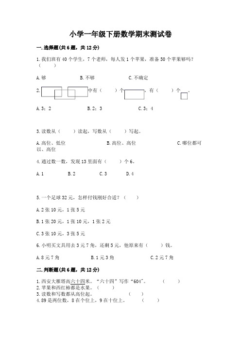 小学一年级下册数学期末测试卷附完整答案【名师系列】