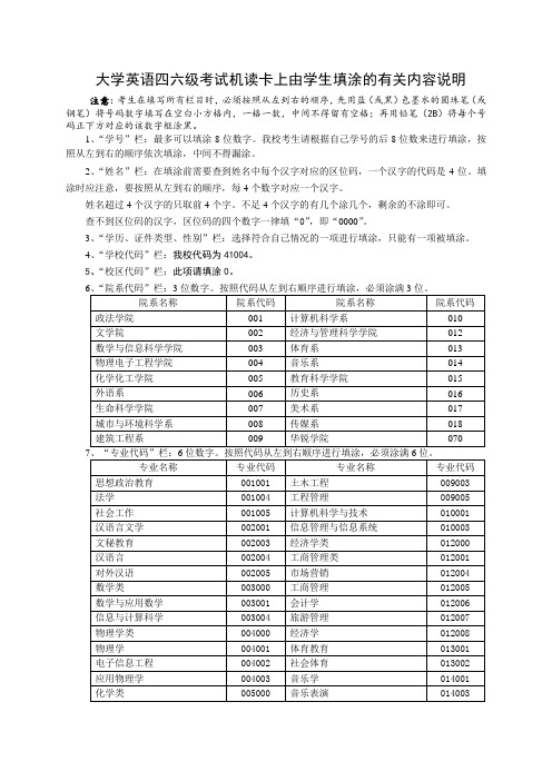 大学英语四六级考试机读卡上由学生填涂的有关内容说明