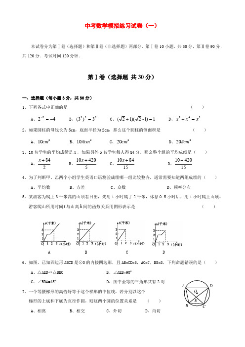 河北省张家口市九年级数学中考模拟试卷(一)