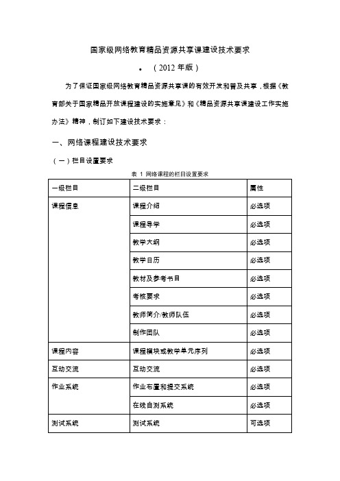 国家级网络教育精品资源共享课建设技术要求