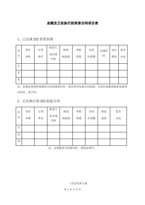 XX项目业绩及正在执行的供货合同项目表(2023年)