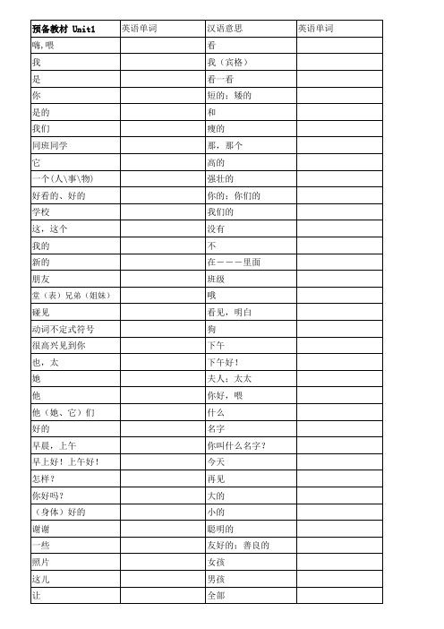 最新牛津译林版预备教材单词表