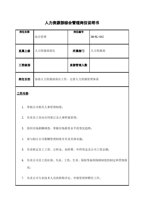 房地产行业人力资源部综合管理岗位说明书