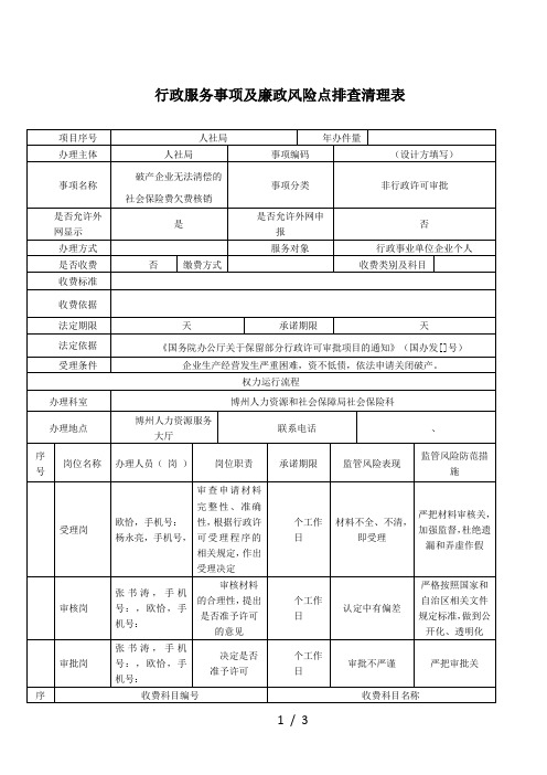 行政服务事项及廉政风险点排查清理表