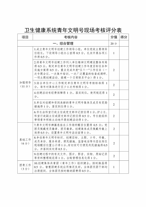 卫生健康系统青年文明号现场考核评分表