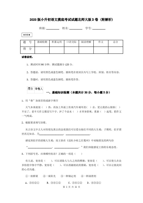 2020版小升初语文摸底考试试题北师大版D卷 (附解析)