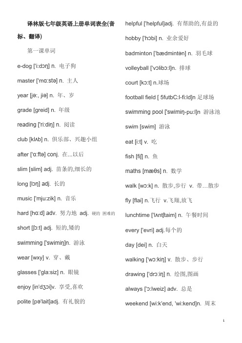 译林版七年级英语上册单词表全