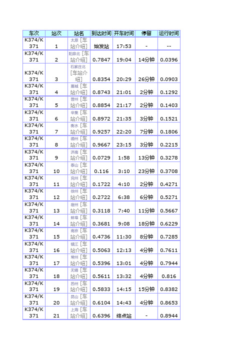 K371 K374次列车时刻表火车票票价