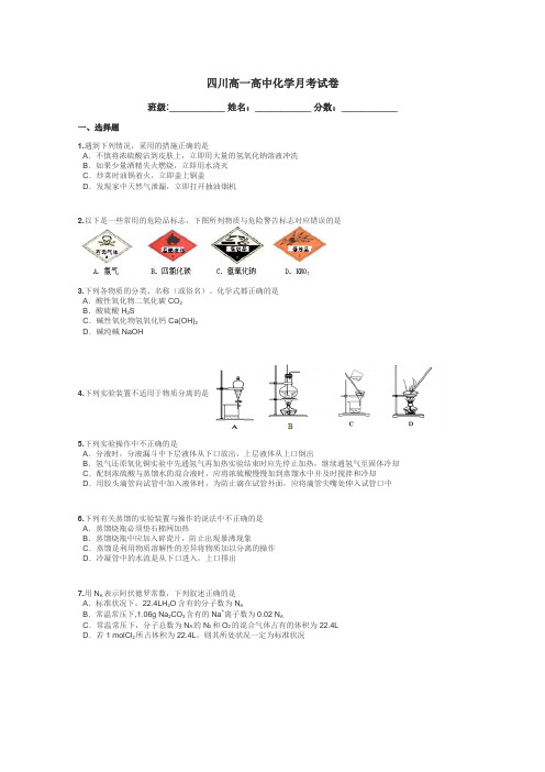 四川高一高中化学月考试卷带答案解析
