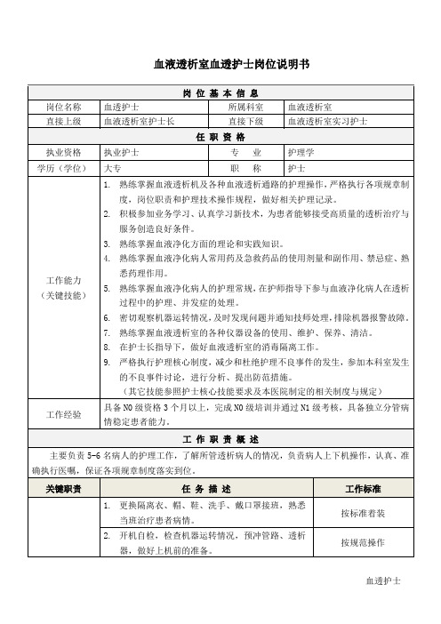 2血液透析室血透护士岗位说明书