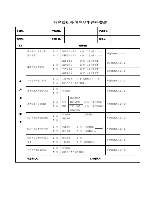 批产整机外包产品生产检查表