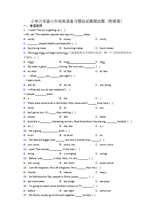 小学六年级小升初英语复习模拟试题测试题(附答案)