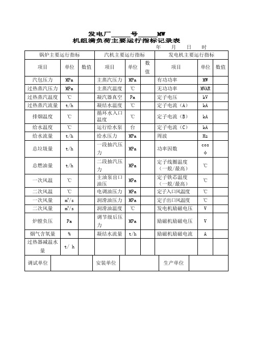 机组满负荷主要运行指标记录表