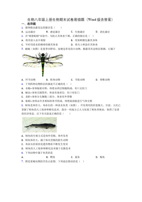 生物八年级上册生物期末试卷易错题(Word版含答案)[031]