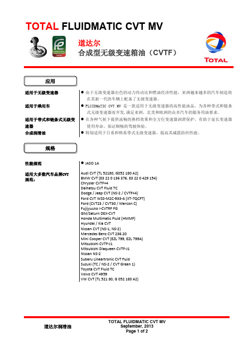 道达尔合成型无级变速箱油(CVTF) FLUIDMATIC CVT MV