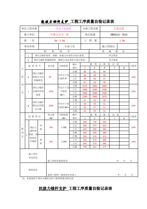 预应力锚杆支护工程工序质量验收记录表