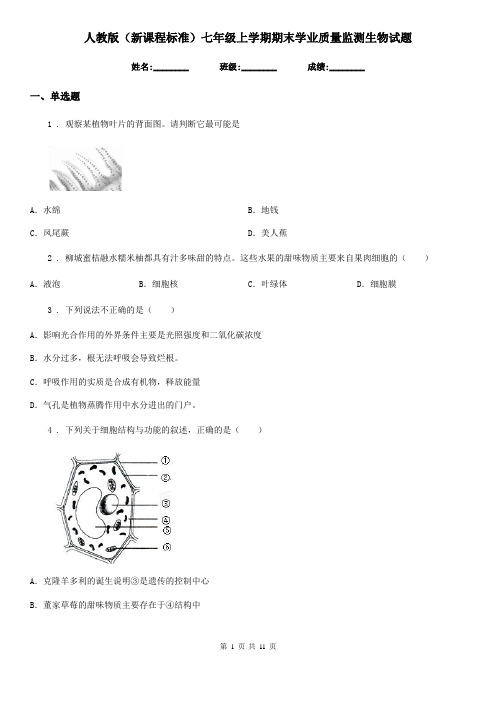 人教版(新课程标准)七年级上学期期末学业质量监测生物试题