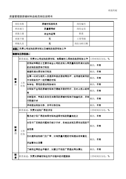 制鞋企业质量管理部原辅材料品检员岗位说明书模板