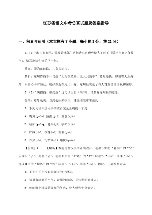 江苏省语文中考试题及答案指导