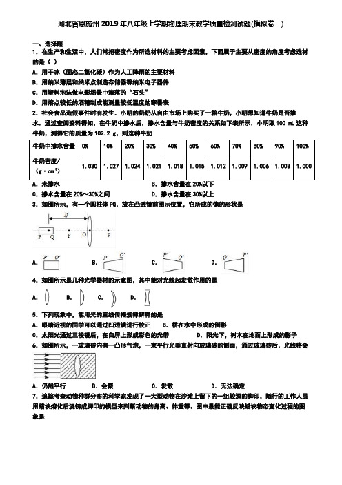 湖北省恩施州2019年八年级上学期物理期末教学质量检测试题(模拟卷三)