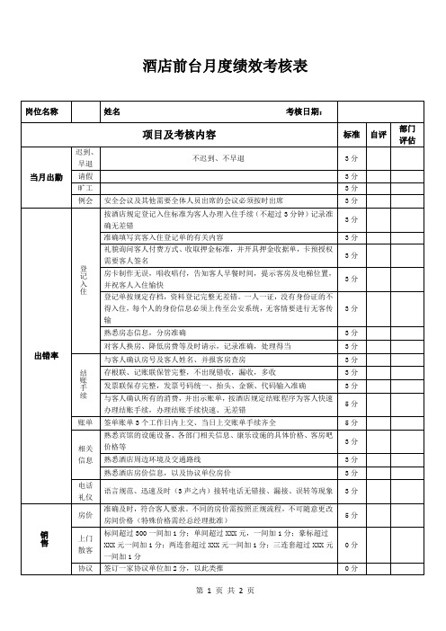 酒店前台月度绩效考核表