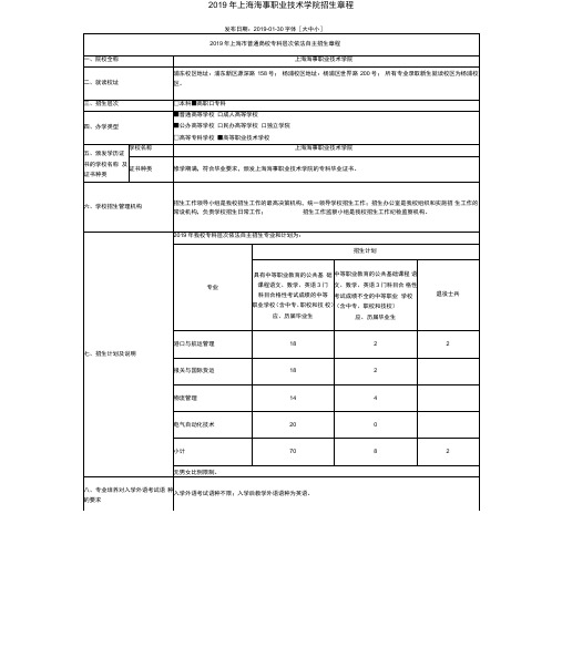 2019年上海海事职业技术学院招生章程