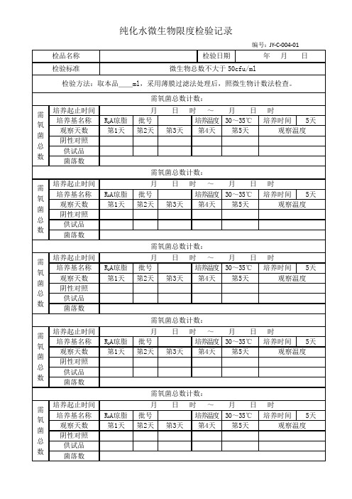 纯化水微生物限度检验记录