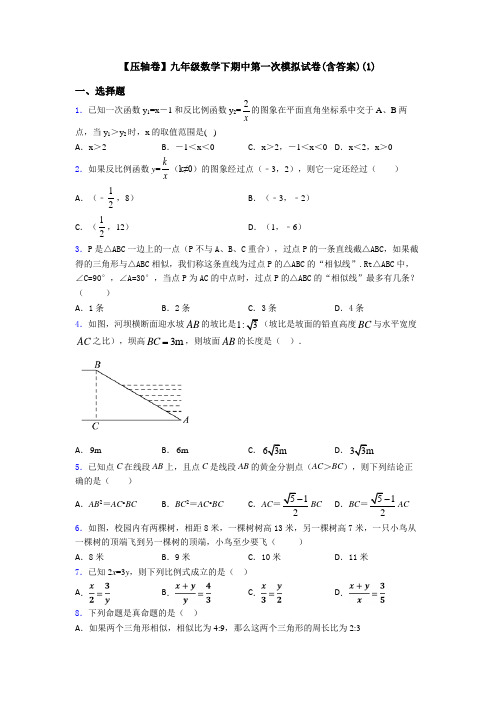 【压轴卷】九年级数学下期中第一次模拟试卷(含答案)(1)