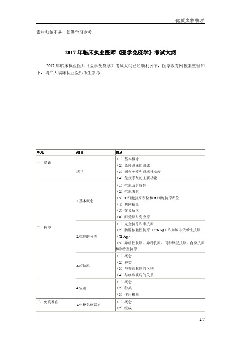 2017年临床执业医师考试大纲-《医学免疫学》编辑