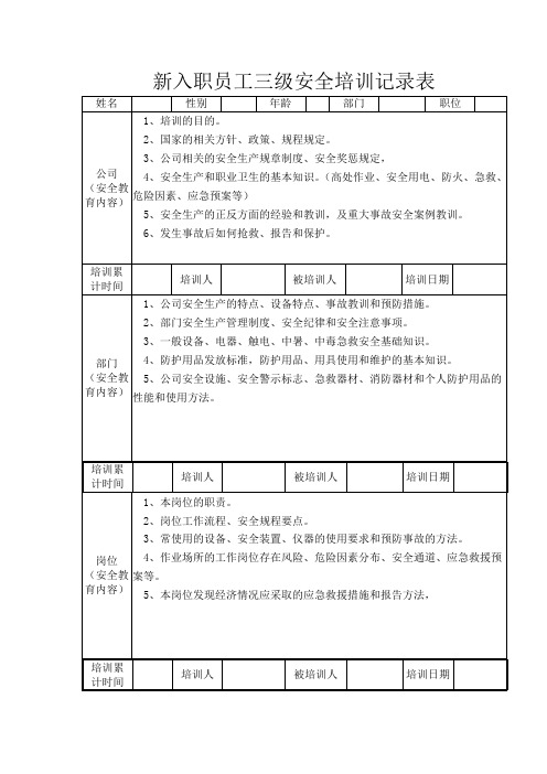 新入职员工三级安全培训记录表