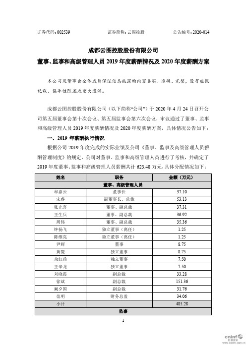 云图控股：董事、监事和高级管理人员2019年度薪酬情况及2020年度薪酬方案