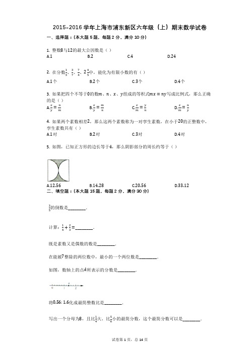 2015-2016学年上海市浦东新区六年级(上)期末数学试卷