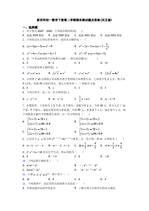 新苏科初一数学下册第二学期期末测试题及答案(共五套)