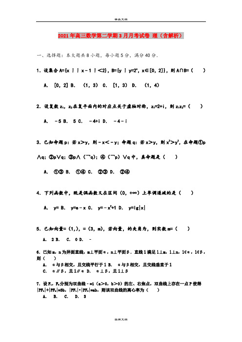 2021年高三数学第二学期3月月考试卷 理(含解析)