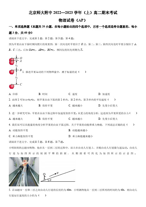 2022-2023学年北京市北京师范大学附属中学高二上学期期末考物理试卷含详解