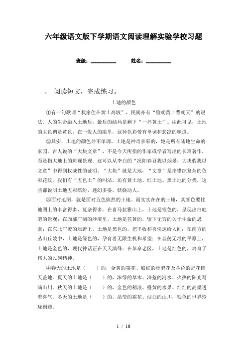 六年级语文版下学期语文阅读理解实验学校习题